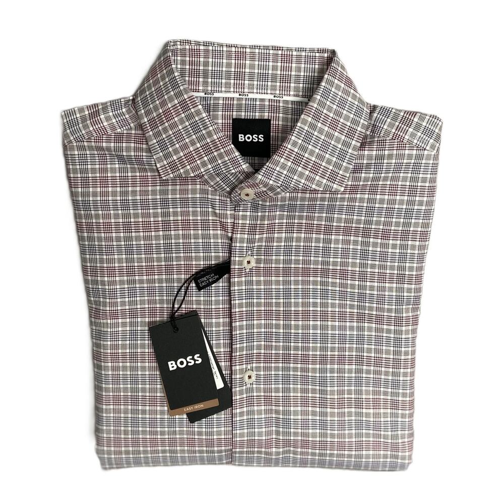 Boss Dress Shirt Men's Small 15-32/33 Sharp Fit Stretch Red & Black Plaid NEW